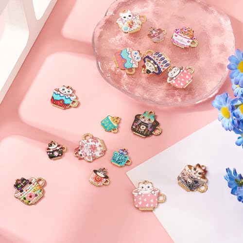 16 st Cat Emaill Bedels voor sieraden het maken van kitten met koffie Cup bengelen Bedels huisdier dierlijke Legering Hangers Bulk voor ketting vrouwen armband oorbellen ambachtelijk DIY, metalen Emaill, Geen edelsteen 4