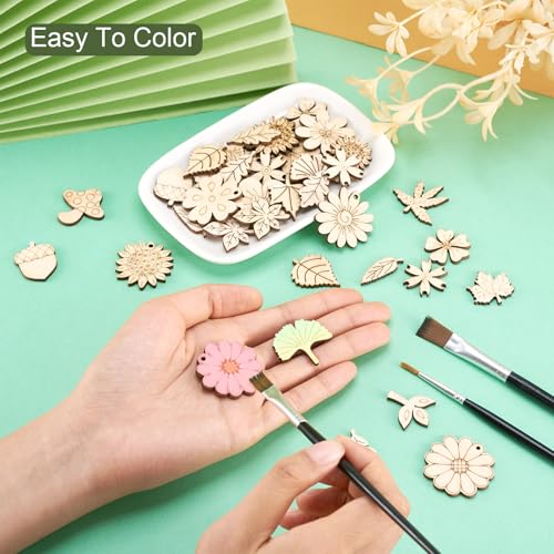 90 st Blad en Bloem Hout Hanger Paddestoel Zonnebloem Rose Onafgewerkt Houten Bedels Hout Ambachten Hangers voor DIY Ketting Oorbellen sieraden maken, Beige, Hout, hout manen 5