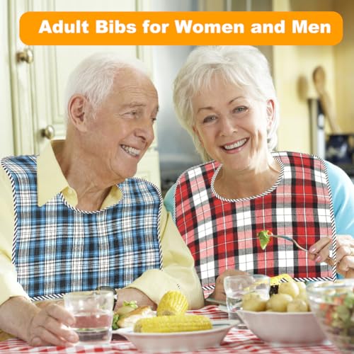 Adult Bibs voor Vrouwen en Mannen, Set van 2 Waterproof en Herbruikbare Bibs voor Volwassenen met Crumb Catcher, Kleding Beschermers voor Volwassenen, Ouderen en, blauw en rood 3
