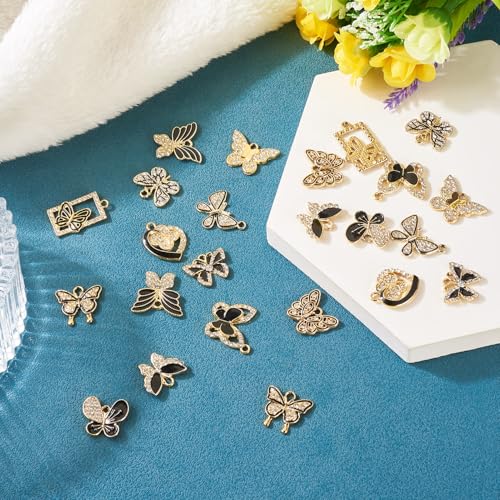 24Pcs Vlinder Strass Bedels Legering Emaille Vlinder Hangers Gouden/Zwarte Insect Sieraden Charm Voor Diy Ketting Oorbel Sieraden Maken, Emaille Stras 3