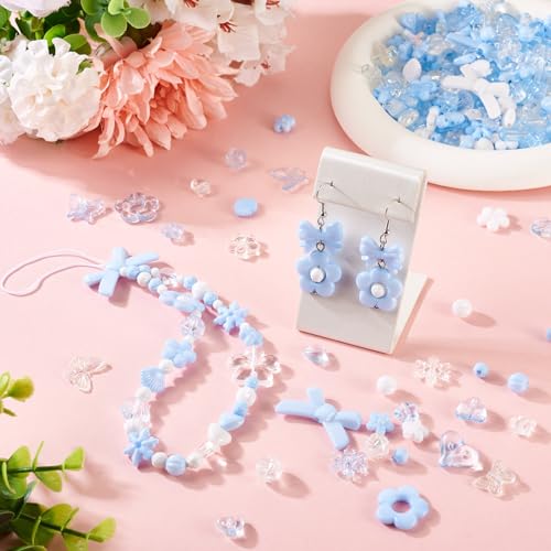 100g Diverse Acryl kralen Bloem Kralen Caps Bow Butterfly Heart Leaf Esthetic Craft Kralen Bulk voor armband sieraden maken, Cornflower blauw & White