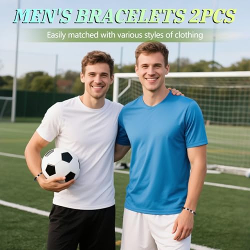Voetbal armband, 2 stuks Stijlvolle Black Stone verstelbare handgemaakte kralen armbanden voor mannen Dad Brother Friend