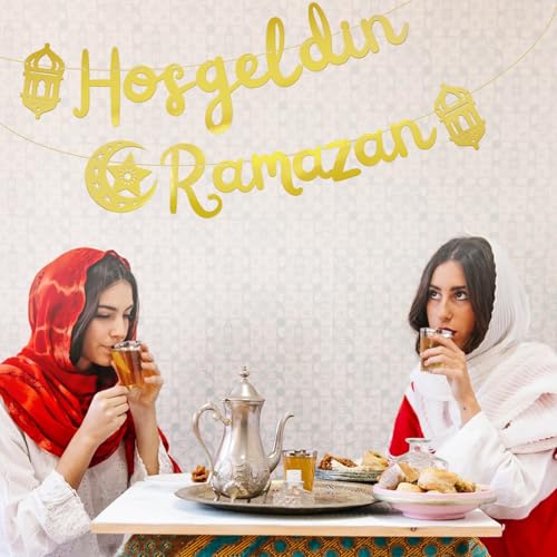 Ramadan Kareem Banner Lettering Hoşgedin Ramazan Glitter Gouden Papier Decoratie Ramadan Kareem Eid Mubarak Home Accessoires Outdoor 5