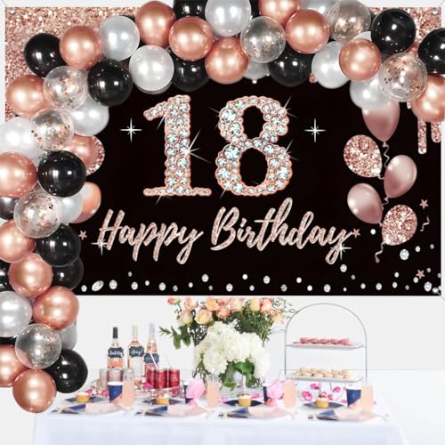 18e verjaardag decoratie voor meisjes, feest decoratie zwart en rozengoud, 18e verjaardag stof teken hangen poster, 18e verjaardag achtergrond Banner Party welkom tekenen 3
