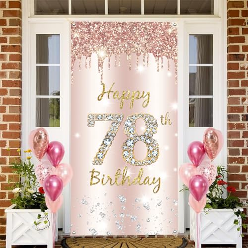 78e verjaardag decoratie vrouwen, gelukkig 78e verjaardag deur Banner Rose Gold,78e Verjaardag Stof Tekenposter Deur Decoratie,78e verjaardag achtergrond Banner Dames,Voerdag Partij Welkom Teken 3