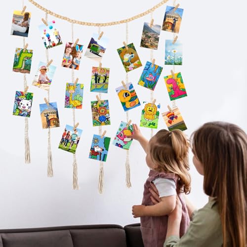 Macrame Photo Wall Hang Display met 45 Clips Diy, 120×90 Cm Photo Collage Frames, Hangende Foto Display, Foto Hangen Macrame Photo Wall, Macrame Photo Display Wall Hangen voor foto's Kaarten 4