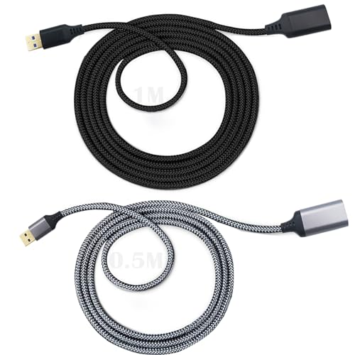 USB Extension Cable, 2 Pack USB 3.0 USB A Male to USB A Female, Nylon, for Card Reader, Keyboard, Printer, etc. 1 x 50 cm grijs en 1 x 1 m zwart