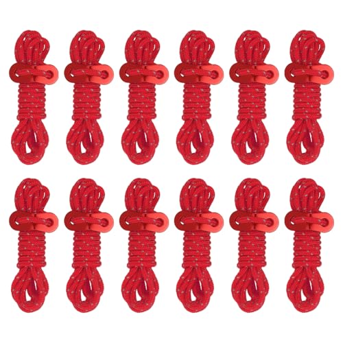 4mm Tent touw, 12Pcs 6.5ft Reflecterende Guy Touw koord gebonden touw Paracord Cord Camping Touwen met rood aluminium koord Richters voor Camping Wandeltent, Rood