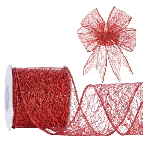 Sparkling Glitter Mesh Ribbon, 6,3cm brede bedrade rand Kerstlint Sparkling Stof Ribbon voor Home Decor, Bow, Gift Wrapping, Naaiaccessoires, Rood
