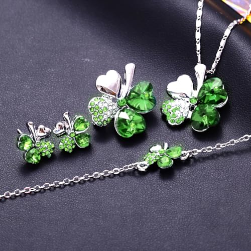 Clover Leaf ketting zilveren oorbellen vier klaver armbanden verstelbare hanger ketting Set Peach Heart Rhinestone Crystal Inlayd sieraden voor meisjes vrouwen, Eén maat, legering. kristal, Nee 4