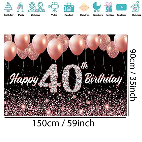 Happy 40th Verjaardagsfeest decoratie achtergrond Banner voor vrouw Gelukkig 40 jaar oude stof Tekenposter, Glitter Rose Gold Fotografie Achtergrond 40e verjaardag tabel decoratie, 150x90cm 5