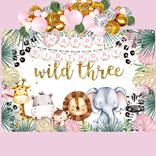 Safari Wild Drie achtergrond Tekenfilm Safari Dier Derde Verjaardag Partij Achtergrond Jungle Meisje 3e Verjaardag Partij Decoratie Fotografie Achtergrond Verjaardag Poster, 1.5m 3