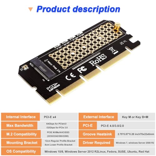M.2 NVMe naar PCIe 4.0 X16/X8/X4 Adapterkaart met M.2 Aluminium Heat Sink, ondersteunt 2230, 2242, 2260, 2280 Solid State Drives (2 Pack)