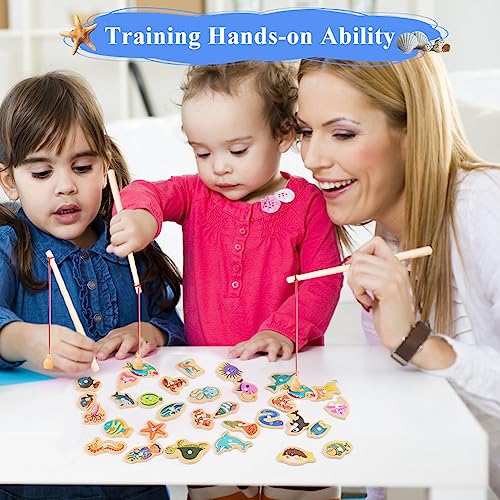 Magnetisch Houten visspel, 31 Houten veiligheidsspellen voor kinderen met 2 magnetische visstokjes voor jongens en meisjes vanaf 3 jaar voor verjaardagsfeest 4