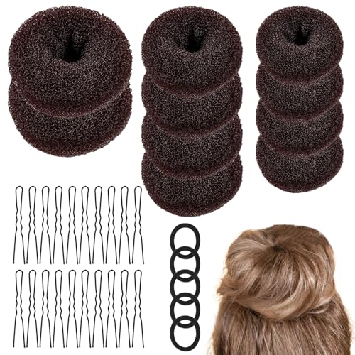 35 st. Bun Pillow Donut Hairmaker Set Bun Shape Hair Styling Accessoires 10st Chignon Bun Maker met 5 elastische haarband en 20 U vorm haarspelden (Brown)
