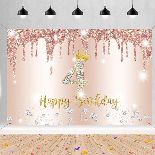 4e verjaardag meisje decoratie, 4e verjaardag banner roségoud, Happy 4e verjaardag stoffen bord poster, 4e verjaardag achtergrond banner meisje verjaardagsfeest decoratie, 150 cm x 90 cm