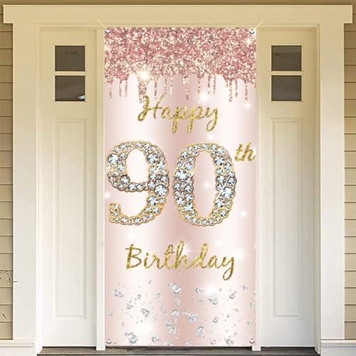 90e verjaardag decoratie vrouwen, gelukkig 90e verjaardag deur Banner Rose Gold,90e Verjaardagsstof Tekenposter Deur Decoratie,90e verjaardag achtergrond Banner Dames,Vogelfeest Welkom Teken