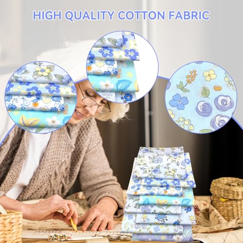 Patchwork Naaistof Verpakking van 8 Bloemen 50 x 50 cm Katoen Gedrukt Stof Katoen Klein Stof voor doe-het-zelvers (blauw) 3
