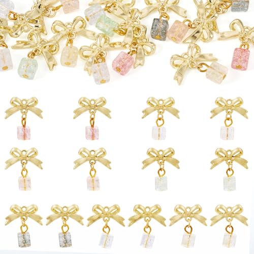 14 st Glass Charm Bowknot Golden Bowknot Dangle Charms met Kubus kralen Bow, hangers en Lampwerk Kralen voor DIY oorring Cadeau Decoratie, Glas, Glas