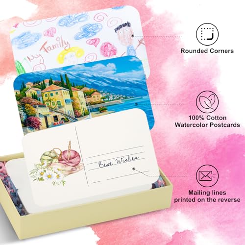 100 vellen Aquarel ansichtkaarten, 100% Katoen 100 x 15cm Blank afgeronde hoeken Aquarelpapier Postkaarten Koud geperst voor het versturen van kunst Schilderen Tekenen, 150 lbs/300g/m2 (Beige Box) 3
