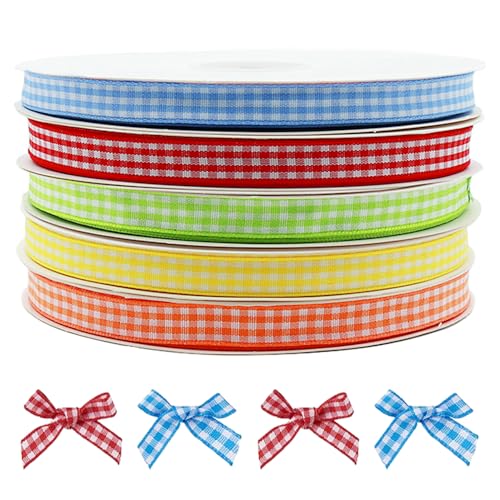 5 st Geruite Lint Geruit Lint, 7,5 cm x 10m Geschenk Verpakking Linten DIY Cadeauverpakking Gingham Plaid Kerstmis voor decoratie kunst Craft Haar Accessoires, Multicolor