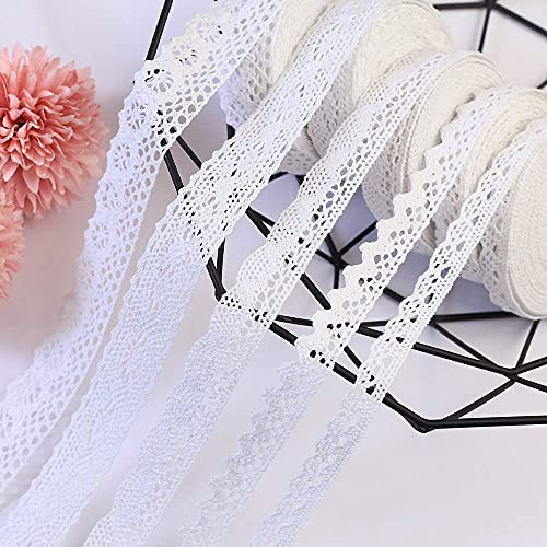 Lace Band 30 Meters White Lace Band Cotton Vintage siergras haak Lace decoratief Band Lace Stof voor het naaien van ambachten bruiloft decoratie (White-5 Roll) 4