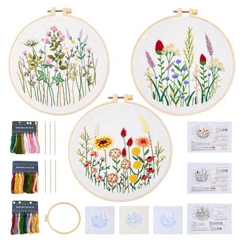BB borduurkit voor beginners - 3 stijlen 3D bloem planten borduursel Starter Kit - Inclusief hoepel, draad, gereedschap en instructies - Unisex - Alle leeftijden