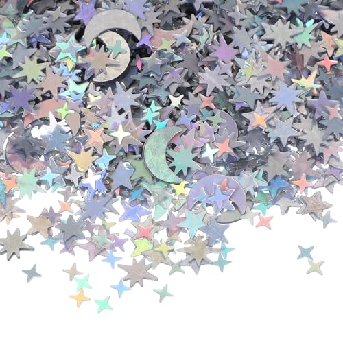60g Star Confetti, 0,4 Inch Glitter Star Moon Tabel Confetti Twinkle Metallic Foil Stars Sequins Sprinkles voor feest kerst decoraties DIY verjaardag bruiloft, zilver