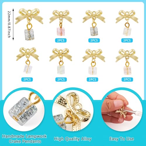 14 st Glass Charm Bowknot Golden Bowknot Dangle Charms met Kubus kralen Bow, hangers en Lampwerk Kralen voor DIY oorring Cadeau Decoratie, Glas, Glas 4