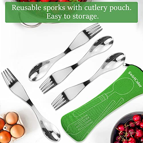 Herbruikbare Roestvrijstalen Sporks, 4 stuks, Portable Lepel, Lepel, Vork, Duurzame Camping Bestek Set met Bag voor reizen, Buiten, Picknick, Groen 5