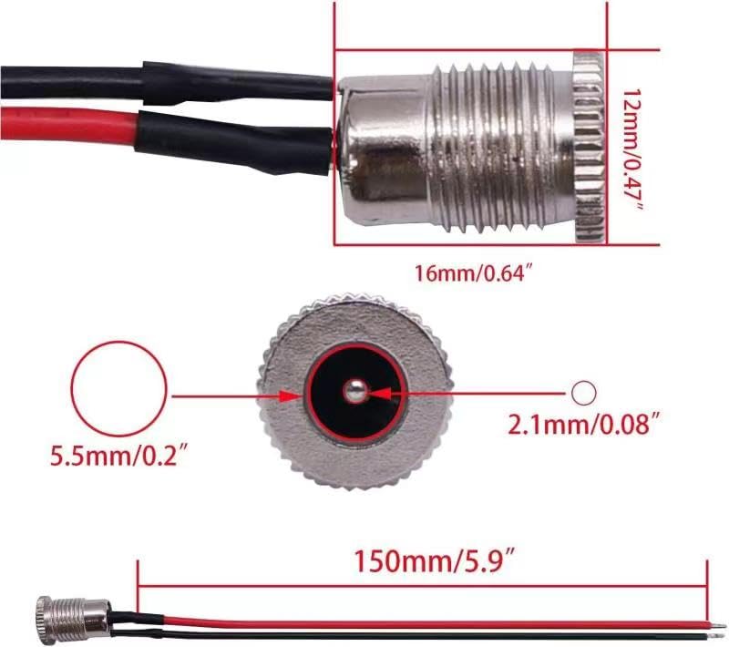 DC 12V Hollow Plug 5.5 MMX 2.1mm Adapter set, 10 x DCPower Jack Socket Low Voltage Connector (met Kabel) 5 x Holle Plug 5.5 x 2.1, 10 x DC Montage Connector, 10 x Rubber 4
