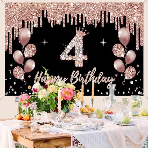 4e verjaardag decoratie voor meisjes, feest decoratie zwart en roos goud, 4e verjaardag stof teken opknoping poster, 4e verjaardag achtergrond banner partij welkom teken 4