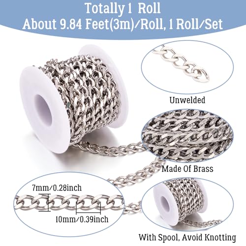 3M Facet messing Curb kettingen 10 x 6,5 x 1,8mm Diamond Cut kettingen Twisted dikke Link Extender Kettingen met Spool voor DIY ketting sieraden maken, Platinum 4