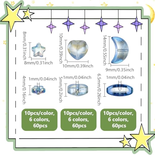 180st 18 Styles Galvaniseren Glazen kralen, Maan ster hart los kralen Spacer kralen Assortiment Supplies voor oorbellen armband ketting sleutelhangers sieraden DIY