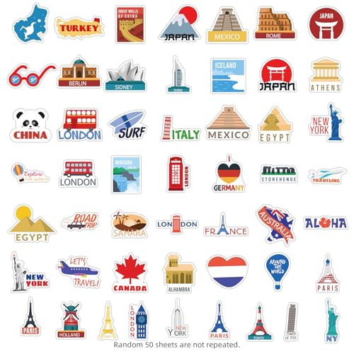 Travel Sticker Set voor tieners Volwassenen 50 stuks Waterdichte Vinyl Stickers Automotor Fiets Skateboard Snowboard Bagage Laptop Koffer Helm Motorfiets Computer