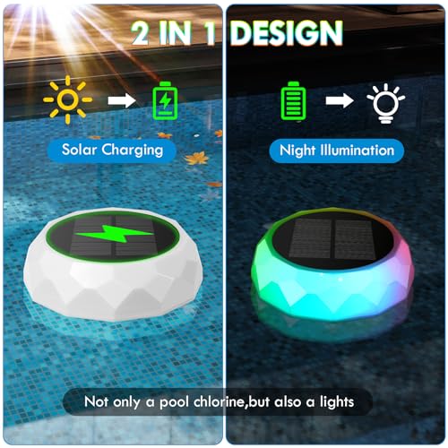 Zonnezwevende pool verlichting, IP68 waterdichte pool Chloor Float, 8 RGB kleur zwembad licht met afstandsbediening, Gemakkelijk open pool tablet houder, Chloor Tablet 3