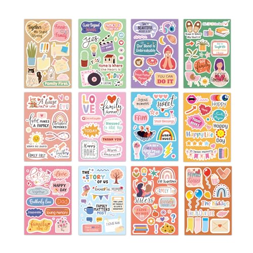 12 stuks Familie Scrapbook Stickers, Papier Scrapbook Stickers Fotoalbum Embellishment Memorial Stickers voor Familie Bonding Geliefde Momenten Visionboard Party Decoratie