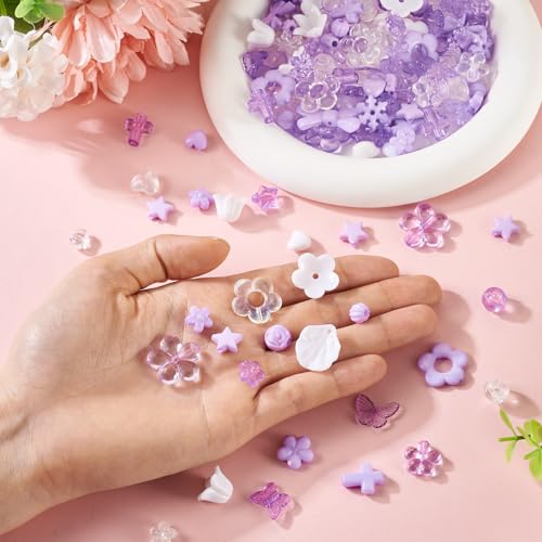 100g Diverse Acryl kralen Bloem Kralen Caps Bowknot Vlinder Cross Leaf Esthetic Craft Kralen Bulk voor armband sieraden maken, Medium Paars & White 5