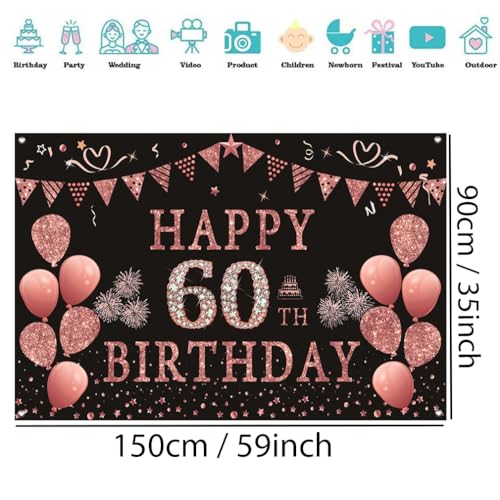 60e verjaardag decoratie voor vrouwen, roze glitter vlekken stof teken poster verjaardag feest decoratie, 60e verjaardag achtergrond banner vrouw, 60e verjaardag feest decoratie
