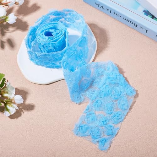 10m Kant Stof 3D Rose Chiffon Borduurwerk Kantlint 60mm Brede Bloem Mesh Borduren Kant Trim voor DIY Crafts Naaien Trouwjurk Decoratie, Licht Sky Blue 4