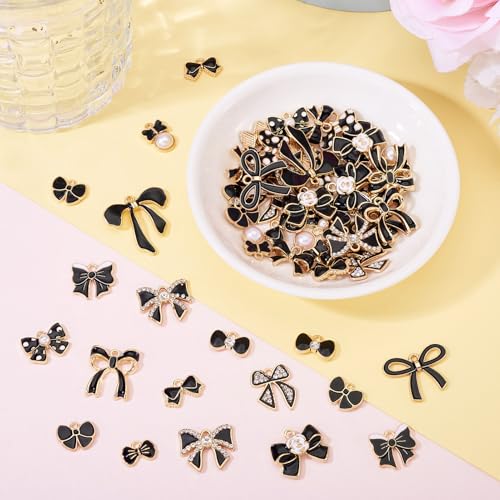 Bowknot Enamel Hangers Zwart/Roze Enamel Legering Bow Dangle Bedels met Rhinestone Bowknot Hangers voor DIY Ketting oorbellen sieraden maken 3