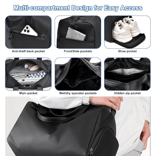Sporttas met Schoen Compartiment en Nat Compartiment, Waterdichte Sporttas, Training Bag, Fitness Bag, voor mannen en vrouwen, voor Sport, Training, Sportschool (Zwart) 5