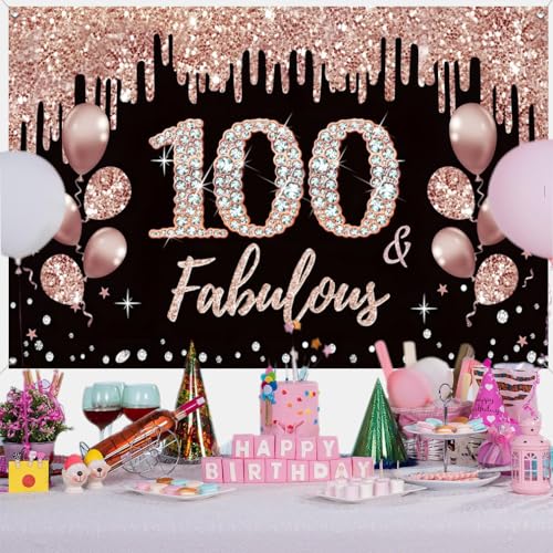 100e verjaardag decoratie voor vrouwen, 100e verjaardag decoratie zwart en roos goud glitter vlekken stof schild poster, 100e verjaardag achtergrond banner vrouw 100e verjaardag feest decoratie
