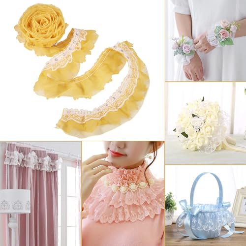 2-laags Lace Trim Polyester Chinlon Pleated Lace Ribbon 2M Gouden Ruffles Lace Broderie Anglaise Trim voor jurk Bruids Ribbon Sew On Applique Cloth, Gold 3