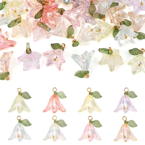 Lily bloem bedels met parel kralen groen blad bloem acryl hangers bloemblaadjes bungelen bedels voor DIY ketting oorbellen sieraden maken, 32 stukken, acryl, acryl