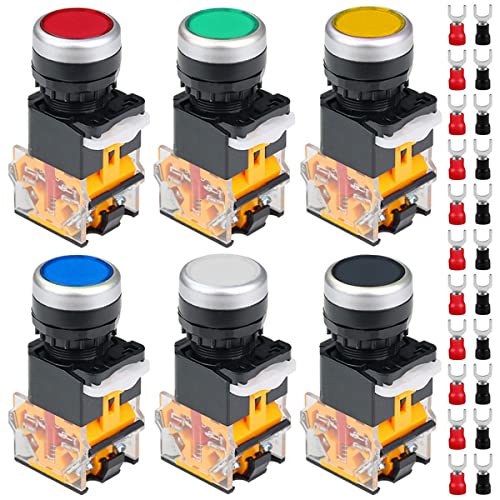 6Pcs 440V 22mm Momentaire drukknopschakelaar 10A 5 kleur (rood/Bule/groen/wit/geel/zwart) LA38-11 1NO 1NC Switch voor doe-het-zelf met 24 stuks vorkterminal