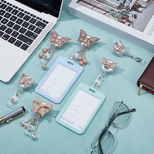 6 Stks 6 Stijlen Vlinder Intrekbare Badge Reels, Legering Strass Swivel Clip Badge Reel Vlinder ID Kaarthouders voor Leer Verpleegkundig Arts Werknemer Kantoor 4