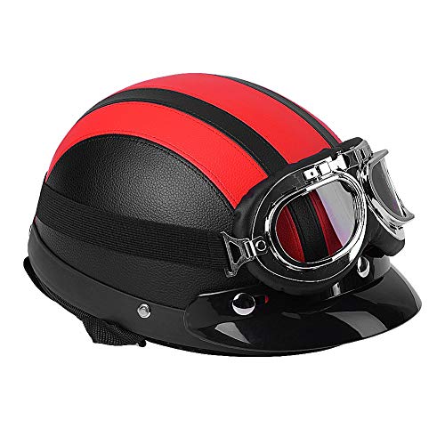 Half Open lederen helm, Half Lederen helm voor Scooter, met UV Visor glazen, Half Open Motorfiets helm Universele Scooter voor Motorfiets(Rood)