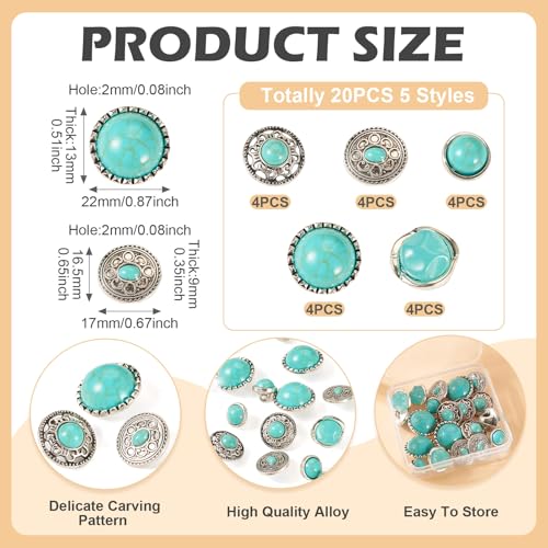 20Stuks Turquoise Knoppen Platte Ronde Legering Garment Knoppen Vintage Vervanging Decoratieve Knop voor het naaien van leder Craft Kleding Belt
