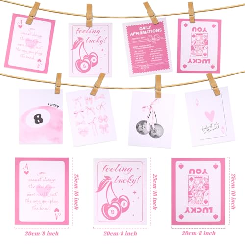8Stuks Roze Preppy Wanddecoraties, 20x25cm Frameless Coquette Room Decoratie Esthetische Bow Disco Ball Cherry Decoratieve Posters voor meisjes kamer slaapzaal (8 stijlen)